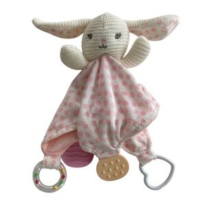 Modern Baby 11” Lovey Blanket Knit Bunny Plush Rattle Teether White Pink Circles